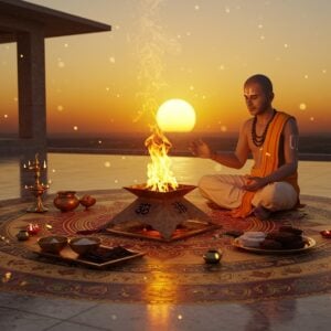 A serene Indian priest performing Agnihotra ritual during sunset, seated cross-legged on an intricately designed mandala pattern. He's wearing traditional white dhoti and angavastram, performing the ritual with a pyramidal copper agnihotra pot. The pot contains a sacred fire with vibrant orange-golden flames rising upward, releasing subtle smoke patterns that form ethereal Sanskrit symbols in the air. The background shows a massive sun disk half-visible on the horizon, casting warm golden rays. The scene is set in a modern minimalist courtyard with polished marble floors reflecting the fire's glow. Surrounding the priest are carefully arranged ritual items - small bowls of ghee, rice, and cow dung cakes, all placed on brass plates with traditional engravings. The lighting is dramatic with the interplay of sunset and sacred fire creating a mystical atmosphere. The art style combines traditional Madhubani patterns in the mandala with modern digital rendering, featuring a color palette of deep saffron, burnished copper, golden yellow, and deep maroon. Small particles of light float in the air, creating a divine ambiance. The overall composition emphasizes the timeless nature of the ritual while maintaining contemporary aesthetic appeal.