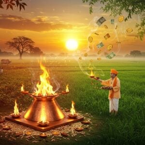 A serene rural Indian landscape at dawn, where a traditional Agnihotra ritual is being performed in a lush green farm field. A copper pyramid-shaped homa kund in the foreground emits golden-orange flames reaching skyward, with sacred smoke forming ethereal patterns of prosperity symbols. Brown rice grains and ghee droplets scatter around the kund, creating a mandala-like pattern. A successful Indian farmer in modern clothes but with traditional tilak performs the ritual. Behind him, half of the farm shows flourishing crops in vibrant green with golden sunshine, while the other half transforms from barren to fertile land through mystical energy streams emanating from the fire. Floating golden coins and currency notes blend with the smoke patterns. The background features a rising sun in deep saffron, casting a divine glow. Decorated cows graze peacefully nearby. The scene incorporates Madhubani-style decorative borders with traditional prosperity motifs. Soft, morning mist adds depth, with dew drops on leaves sparkling like diamonds. The overall color palette includes deep maroons, saffron, emerald greens, and metallic golds, rendered in a modern digital art style with photorealistic details and magical lighting effects.