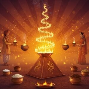 A serene early morning scene showing a traditional copper pyramid Agnihotra pot in the center, emanating golden-orange flames that spiral upwards in a sacred geometric pattern. Around the pot, ghostly silhouettes of diverse Indian people from different regions perform Agnihotra simultaneously, each wearing their traditional attire (Kashmiri, Bengali, Tamil, Gujarati). The smoke forms ethereal Sanskrit mantras that dissolve into the air. The background features a rising sun with intricate Madhubani-style patterns in deep saffron and gold. Multiple small floating copper bowls containing rice, ghee, and cow dung cakes orbit the main pot. The scene is illuminated by a divine light, creating a gradient from deep maroon at the top to peaceful dawn colors at the bottom. Delicate mandala patterns in peacock blue float in the air, intertwining with the smoke. The art style combines photorealistic textures with mystical Indian traditional art elements, creating a surreal, spiritual atmosphere. Soft particles of light dance around the scene like fireflies.