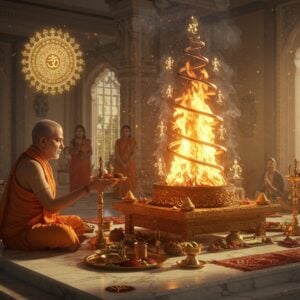 A majestic Vedic fire ritual scene in a contemporary setting, featuring a traditionally-dressed Indian priest performing Agnikaryam in front of an intricately designed brass havan kund. The sacred fire rises in golden-orange spirals, with small ethereal devas visible within the flames. The priest's hands are positioned in precise mudras while offering ghee and samagri. Surrounded by modern minimalist marble architecture, with ancient Sanskrit symbols floating as golden holographic projections. Traditional copper and brass utensils arranged methodically on a white marble platform. Smoke forms mystical patterns merging into a large mandala in the air. Soft morning sunlight streams through crystal windows, creating prismatic effects. In the background, modern Indian families in contemporary clothing observe the ritual. The art style combines hyperrealistic digital rendering with traditional Madhubani patterns in the details, featuring a color palette of deep saffron, copper gold, vermillion, and pristine white. The scene is illuminated by both the sacred fire and modern ambient lighting, creating a beautiful interplay of traditional and contemporary elements.