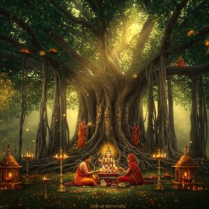 A majestic, ancient Banyan tree with massive aerial roots stretching towards earth, illuminated by golden divine light streaming through its dense canopy. The trunk appears timelessly ancient with intricate Madhubani-style patterns carved into its bark. Several small shrines with traditional brass oil lamps surround the base. Devotees in traditional Indian attire performing puja with flowers and offerings. The scene is enhanced with floating golden mandalas and ethereal lotus patterns in the background. Mystical fireflies and soft orbs of light dance around the tree. The color palette combines deep emerald greens, burnt orange, and gold accents. Small details include sacred threads tied to branches, peacocks perched on the aerial roots, and scattered marigold flowers. The lighting creates a mystical atmosphere with rays of sunlight filtering through the leaves. Hyperrealistic digital art style with magical realism elements, maintaining cultural authenticity while appearing contemporary and serene.