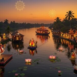 A stunning aerial view of Alappuzha's backwaters at sunset, where traditional Kerala houseboats adorned with modern LED lights create luminous reflections on the serene water. In the foreground, a grand kathakali performer in vibrant green and red attire performs on a floating stage, his facial expressions dramatically highlighted by contemporary stage lighting. The scene is framed by swaying coconut palms and floating lotus flowers rendered in Madhubani style. Multiple layers of cultural activities unfold: women in traditional Kerala sarees performing thiruvathira kali on a nearby shore, modern art installations incorporating traditional coir crafts, and temple architecture seamlessly blending with eco-friendly modern structures. The sky features a gradient of deep orange to peacock blue, with stylized golden mandalas floating like stars. The overall composition combines photorealistic elements with surreal artistic touches, modern digital art aesthetics with traditional Kerala mural art style, creating a harmonious blend of past and future. The scene is captured in ultra-high definition, with rich, deep colors and atmospheric lighting that emphasizes both traditional elements and modern innovations.