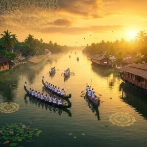 A stunning aerial view of Alappuzha's iconic backwaters during golden sunset, featuring traditional Kerala houseboats with intricate Madhubani-style patterns adorning their wooden hulls. In the foreground, a large snake boat race scene with muscular rowers in white mundus synchronized in motion. The water reflects vibrant coconut palms and Chinese fishing nets silhouetted against a warm orange sky. The scene includes floating lotus flowers with geometric Pattachitra-style designs, and coir workers weaving on the shoreline. Ethereal mist rises from the water, creating a dreamy atmosphere. The composition features rich colors - deep emerald greens, royal blues, and burnt orange sunset hues. Traditional Kerala architecture with sloped terracotta roofs visible along the shore. Intricate mandala patterns in gold overlay the sky, while delicate henna-style designs frame the edges. The lighting is warm and magical, with sun rays filtering through palm fronds. Photorealistic digital art style with surreal elements, emphasizing both traditional charm and modern aesthetic appeal.