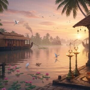 A serene panoramic view of Kerala backwaters at golden sunset, featuring traditional wooden houseboats adorned with intricate Madhubani-style patterns in gold and peacock blue. The houseboats float on mirror-like waters reflecting pink and orange sky. In the foreground, a beautifully detailed Kerala-style wooden dock with brass oil lamps and fresh lotus flowers. Palm trees line the shores, their fronds swaying in the gentle breeze. A pair of white egrets gracefully glide over the water. The scene includes distant coir factories with artistic smoke patterns, small islands with paddy fields, and traditional fishermen casting nets in Chinese fishing style. Soft ethereal mist hovers over the water, creating a dreamy atmosphere. The composition incorporates traditional Kerala architecture with sloped terracotta-tiled roofs and wooden pillars. The water reflects dancing light patterns, creating a magical, inviting atmosphere. The art style combines photorealistic elements with surreal lighting and traditional Indian artistic motifs, rendered in rich, deep colors with gold accents and intricate details.