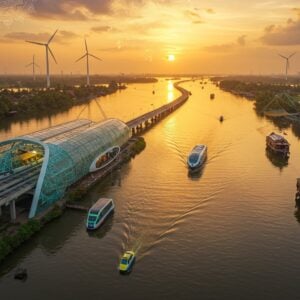A stunning aerial view of Alappuzha's iconic backwaters at golden hour, featuring sleek modern houseboats with solar panels alongside traditional wooden kettuvallams. In the foreground, a newly constructed glass-and-steel water metro station seamlessly blends with Kerala architecture, decorated with intricate Madhubani-style patterns in teal and gold. The scene includes elegant bridges connecting islands, their structures reflecting in the calm waters. Electric water taxis glide across the channels, while palm-fringed highways wind through the landscape. The sky features a mesmerizing gradient of sunset colors - saffron, deep purple, and peacock blue, with delicate mandala patterns in the clouds. Modern wind turbines in the distance contrast with traditional Chinese fishing nets. The composition incorporates elements of both traditional Pattachitra art style in the water patterns and contemporary digital art in the infrastructure details. The lighting creates a ethereal glow across the water surface, highlighting the marriage of eco-friendly technology with Kerala's timeless beauty. Soft lens flares and reflections add a dreamy quality to the scene.
