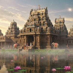 A magnificent ancient South Indian temple complex emerging from a mystical lotus pond, its granite towers adorned with intricate Dravidian architecture and golden highlights. The main entrance features ornate carved pillars depicting scenes from the Ramayana. In the foreground, a serene water reflection captures the temple's mirror image, with floating lotus flowers in pink and white. The temple is bathed in ethereal morning light with subtle sun rays filtering through misty air, creating a golden halo effect. Sacred elephants decorated with traditional temple ornaments stand majestically near the entrance. Multiple levels of the temple showcase detailed sculptural work in Madhubani-inspired style, with peacock blue and saffron accents. The scene includes devotees in traditional South Indian attire performing pradakshina (circumambulation) around the main shrine. The background features a surreal sky with soft pastel clouds and floating mandalas. The entire composition is rendered in a blend of photorealistic and digital art style, with attention to architectural accuracy and spiritual symbolism. The lighting emphasizes the golden hour glow, creating a sense of divine presence and timeless spirituality.