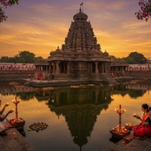 A majestic aerial view of the ancient Amararama Temple during golden hour, with its distinctive pyramid-shaped vimana towering against a vibrant sunset sky filled with soft orange and purple hues. The temple's reflection shimmers in the sacred tank, surrounded by intricate Madhubani-style patterns of lotus flowers and traditional motifs in deep maroon and gold. The temple's stone walls feature detailed carvings of the 108 Shivalingas illuminated by warm, ethereal light. In the foreground, two Indian devotees in traditional attire (man in white dhoti, woman in red silk saree) perform ceremonial prayers with brass lamps. The scene is adorned with floating diyas on the water, creating a mystical atmosphere. The architectural details showcase the temple's Dravidian style with ornate pillars and sculptures, enhanced by digital art techniques that emphasize the intricate stone work. The composition includes blooming frangipani trees and ceremonial flags swaying in the breeze, with a subtle mandala pattern overlay in peacock blue and gold adding a contemporary spiritual dimension to the scene.
