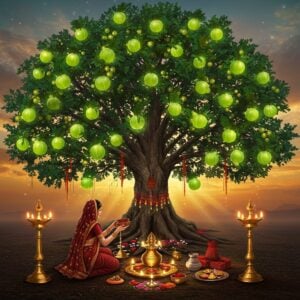 A majestic Amla tree in full bloom, laden with luminous, glowing green amla fruits, standing against a mystical dawn sky with soft pink and golden hues. In the foreground, a traditionally dressed Indian woman in a rich maroon silk saree performs puja, offering water from a copper kalash to the tree's roots. The tree is adorned with red sacred threads and marigold garlands. Around the tree's base are arranged traditional puja items - lit brass diyas, kumkum, flowers, and a silver thali. Ethereal rays of golden light filter through the tree's branches, creating a divine atmosphere. The scene is enhanced with floating mandalas and intricate Madhubani-style patterns in the background. Small vignettes around the main scene show the medicinal properties of amla - each fruit emitting a soft green healing aura. The art style combines hyperrealistic details with magical elements, featuring rich jewel tones of emerald, gold, and deep burgundy. The overall composition suggests both devotion and the ancient wisdom of Ayurveda.