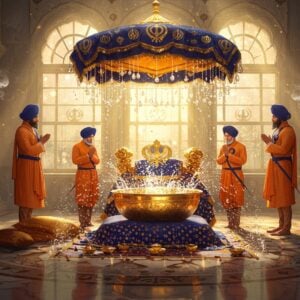 A serene scene depicting a traditional Amrit Sanskar ceremony in a pristine Gurudwara setting, illuminated by ethereal golden light streaming through ornate windows. Five Panj Pyare (beloved ones) in traditional saffron robes and blue turbans stand in a semi-circle around a gleaming brass Bata (iron bowl). The bowl contains sacred Amrit water, reflecting divine light and creating mesmerizing patterns. Crystal-clear water droplets suspended in mid-air around the bowl create a mystical atmosphere. The Guru Granth Sahib placed on an elevated platform draped in rich silk cloth with intricate patterns. The scene is enhanced by swirling patterns of khanda symbols and flowing designs inspired by Gurmukhi calligraphy in gold and deep blue hues. Rays of divine light form a subtle halo effect around the ceremony. The marble floor reflects the scene like a mirror, creating a symmetrical composition. Soft wisps of incense smoke curl through the air, catching the golden light. The atmosphere combines deep spirituality with modern digital art aesthetics, rendered in a photorealistic style with magical realism elements.