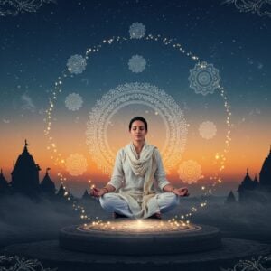 A serene Indian woman in her early 30s meditating in padmasana position, floating slightly above a lotus platform, during pre-dawn hours with stars still visible in the sky. The scene shows a mystical gradient from deep indigo at the top transitioning to soft orange-golden hues near the horizon. Multiple concentric, glowing mandalas float around her in various sizes, emanating soft white and golden light. She wears a flowing white cotton kurta with a meditation shawl, adorned with subtle golden thread embroidery. Her face shows deep peace with a subtle smile. Small streams of golden light particles spiral upward around her. The background features the silhouette of ancient temple spires. Ethereal wisps of morning mist curl around the scene, with dew drops that sparkle like diamonds. Traditional Madhubani-style peacocks and lotuses frame the corners of the scene. The lighting emphasizes the magical 'brahma muhurta' atmosphere with a soft, divine glow emanating from the eastern horizon. The art style combines photorealistic rendering with mystical Indian artistic elements, creating a modern spiritual aesthetic.