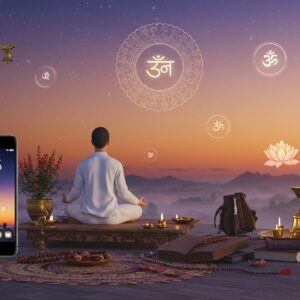 A serene Indian meditation scene at dawn (4:00 AM) showing a young Indian person in white kurta, seated in padmasana on a wooden platform near a sacred tulsi plant. The background features a gradient sky transitioning from deep indigo to soft saffron, with the morning star visible. A soft, golden divine light bathes the scene from above. Traditional brass meditation bells, prayer beads, and spiritual books with ornate Madhubani-style covers are arranged nearby. A modern smartphone displays 3:45 AM, emitting a subtle glow. Floating ethereal elements include translucent mandalas, sacred Sanskrit symbols, and lotus flowers in pastel pink and gold. Digital device screens blend seamlessly with traditional elements, showing meditation apps and timer interfaces. The lighting combines the natural purple-orange dawn light with gentle golden spiritual aura. Intricate Pattachitra-style border patterns frame the scene. The atmosphere is misty with morning dew, creating a dreamlike quality. Modern minimalist furniture meets traditional brass artifacts, symbolizing the bridge between ancient practice and contemporary life. Rendered in a style merging realistic digital art with traditional Indian artistic elements, emphasizing serenity and spiritual technology integration.
