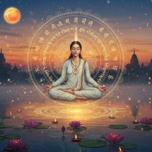 A serene Indian woman in a pastel-colored meditation pose floating above a sacred lotus pond during pre-dawn hours (3-4 AM), illuminated by ethereal golden light. The sky features a gradient from deep indigo to soft orange, with the morning star Venus prominently visible. Surrounding her are concentric circles of glowing mandalas and Sanskrit symbols in gold and saffron. Wisps of morning mist create delicate patterns around her. She wears a flowing white cotton dress with intricate Madhubani-style border patterns. Her eyes are peacefully closed, and a subtle golden aura surrounds her form. In the background, a temple silhouette emerges through the morning mist. Detailed water reflections show rippling patterns of light. Small oil lamps float on lotus leaves in the pond, their flames creating dancing reflections. The overall composition combines traditional Pattachitra art elements with modern digital aesthetics, emphasizing serenity and spiritual awakening. Soft particles of golden light float in the air like morning dew, creating a mystical atmosphere.