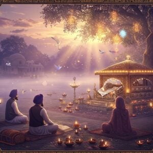 A serene Punjabi village scene at dawn (4 AM), bathed in ethereal golden-purple light breaking through misty clouds, with the Guru Granth Sahib placed on an ornate wooden platform. A group of three Sikh devotees (two men in traditional kurta-pajama and one woman in salwar kameez) sitting cross-legged in meditation, their faces illuminated by soft, divine light. Traditional brass diyas with delicate flames create a warm glow. Intricate Madhubani-style patterns in gold and deep blue frame the scene, incorporating Sikh motifs like the Khanda and Ik Onkar. Sacred morning birds (sparrows and doves) flutter nearby. A large, mystical tree with golden leaves stands in the background, its branches intertwined with glowing mandalas. Floating lotus flowers and spiritual symbols in pastel colors (light blue, soft pink, and gold) add to the spiritual atmosphere. The overall composition suggests tranquility and divine connection, with a mix of photorealistic and ethereal elements. Soft rays of light create a heavenly ambiance, while morning dew drops sparkle like diamonds.