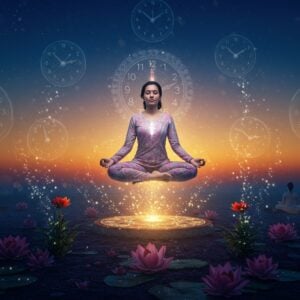 A serene pre-dawn scene showing an Indian woman in meditation pose, floating slightly above a lotus platform, surrounded by a soft golden aura. The background transitions from deep indigo of night to the first rays of sunrise in warm oranges and soft pinks. Multiple translucent clock faces showing 3:00 AM float ethereally around her. She wears contemporary meditation clothing in pastel colors with traditional Indian elements. Swirling energy patterns in gold and white spiral around her form. The foreground features dew-covered lotus flowers and sacred tulsi plants. Gentle streams of light particles flow upward, representing spiritual energy. The scene is composed in Madhubani-inspired style but with modern digital aesthetics. Multiple small vignettes in the background show transformational moments - a person practicing yoga, another in deep meditation, and someone studying sacred texts, all basked in the same golden amrit vela light. The lighting emphasizes a mystical atmosphere with soft glows and lens flares. The color palette focuses on deep blues transitioning to gold and saffron, with touches of peacock blue and rose pink. Photorealistic rendering with spiritual and surreal elements.