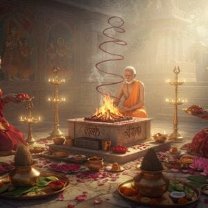 An ethereal scene of a serene Indian temple courtyard at dawn, illuminated by golden rays filtering through morning mist. A traditionally-dressed elderly priest performs an elaborate fire ritual (havan) at a intricately carved marble mandap. The sacred fire emits mystical spirals of smoke forming ancient Sanskrit symbols in the air. Multiple brass oil lamps with dancing flames surround the scene, their light reflecting off polished bronze vessels filled with saffron, kumkum, and fresh flowers. In the background, detailed Madhubani-style wall paintings depict various historical rituals. A young girl in a crimson silk saree offers flower petals while women in pastel-colored sarees arrange traditional copper kalash vessels decorated with mango leaves and coconuts. Floating lotus flowers and scattered rose petals add color to the foreground. The scene combines photorealistic textures with ethereal lighting effects, showing both ancient traditions and timeless spirituality. Art style should blend traditional Indian Miniature painting techniques with modern digital art, featuring rich jewel tones, intricate patterns, and a dreamy, spiritual atmosphere with soft glowing highlights.