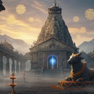 A majestic ancient Shiva temple complex emerging from morning mist, with intricate Nagara-style architecture featuring tall spires and detailed stone carvings. The central shikhara towers 100 feet high, adorned with ornate sculptures of celestial beings and sacred symbols. In the foreground, a massive Nandi statue in polished black stone sits facing the temple, decorated with garlands of marigold flowers. The temple walls showcase detailed bas-reliefs depicting scenes from Shiva's cosmic dance. A ethereal blue light emanates from within the sanctum, suggesting divine presence. Multiple stone pillars with intricate carvings line the pathway, each telling stories through traditional Indian sculptural art. Floating golden mandalas and yantra patterns appear in the misty air, creating a mystical atmosphere. The scene is illuminated by both early morning sunlight and traditional oil lamps, creating dramatic shadows and highlights. The color palette includes deep greys of ancient stone, warm golds of sunrise, and touches of saffron from the flowers. The background shows Himalayas peaks, suggesting the temple's connection to Lord Shiva's abode. Art style merges photorealistic architectural details with ethereal, spiritual elements, rendered in high-quality digital art style with atmospheric lighting and depth.