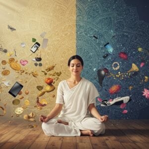 A serene Indian woman in a minimal white cotton saree, sitting in padmasana on a wooden floor, surrounded by a soft golden aura. Around her are material possessions - jewelry, gadgets, designer clothes - floating away and dissolving into ethereal butterflies and lotus petals. Her face radiates peaceful contentment. The background features a large, intricate mandala pattern in muted gold and peacock blue, with sacred geometry patterns. Half of the mandala shows material wealth (coins, jewelry, cars) while the other half transforms into natural elements (leaves, flowers, stars). Soft beams of light filter through, creating a dreamy atmosphere. The art style combines traditional Madhubani patterns in the mandala with modern digital art techniques. The color palette focuses on serene whites, ethereal golds, and gentle earth tones, with touches of deep blue. The woman's simple appearance contrasts with the dissolving materialistic elements, symbolizing the freedom of detachment.