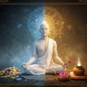 A serene Indian yogi in minimal white cotton clothing seated in padmasana against a dramatic backdrop split into two halves - one side filled with modern luxury items (gold coins, jewelry, smartphones, branded clothes) casting dark shadows, the other side radiating with golden light containing only a water pot, simple meditation cushion, and a lotus flower. The yogi's aura glows in soft pastels of blue and pink, emanating peaceful energy. Intricate Madhubani-style patterns flow through the background, incorporating both Jain and Yoga symbols. The yogi's face shows deep contentment, with eyes closed in meditation. A mandala formed of simple geometric shapes floats above, with small elements gradually dissolving into light particles, symbolizing letting go. The scene features a soft ethereal mist, with gentle rays of morning sunlight filtering through. Traditional Indian motifs like peacocks and lotus flowers are subtly woven into the borders in gold line art. The overall composition should be minimalist yet powerful, with a contemporary digital art finish while maintaining traditional Indian art elements. The lighting should be dramatic but serene, emphasizing the contrast between materialism and spiritual freedom.