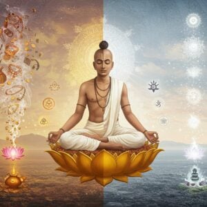 A serene Indian yogi in minimal white cotton dhoti seated in padmasana on a floating golden lotus, radiating inner light. Behind him, a ethereal scene splits into two halves - left side shows material possessions (jewelry, coins, luxuries) dissolving into smoke, while right side depicts pure white light and ascending kundalini energy. The background features intricate Madhubani-style patterns in soft pastels. Floating mandalas and sacred geometry patterns hover in air. The yogi's face reflects deep peace and detachment. Small glowing lotuses and spiritual symbols orbit around him. The lighting is otherworldly with golden hour warmth. The scene captures both renunciation and spiritual elevation through soft gradient colors from earth tones to celestial blues. Detailed digital art style merging traditional Indian motifs with modern minimalist aesthetics, emphasizing tranquility and transformation.