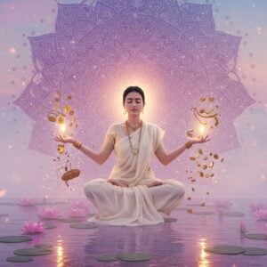 A serene Indian woman in a flowing ivory silk saree meditating in lotus position, floating above a still reflective pool surrounded by lotus flowers. Her hands are gracefully releasing golden butterflies and material possessions (jewelry, coins, artifacts) which transform into rays of pure light. A large, intricate mandala in shades of deep purple and gold radiates behind her. The scene is set in a minimalist space with soft, ethereal mist in pastel pinks and blues. Multiple translucent layers of her form show her gradually becoming lighter and more ethereal, symbolizing detachment. Glowing orbs of warm light float around her, while delicate sacred geometry patterns in gold line float in the background. The lighting is soft and dreamy with a subtle gradient from dawn-pink to spiritual purple. The art style combines traditional Madhubani patterns in the mandala with modern digital art techniques, creating a contemporary spiritual aesthetic. The woman's expression is peaceful and content, with a subtle smile and closed eyes. Sacred lotus petals float upward around her, transforming into points of light.