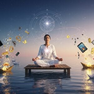 A serene Indian woman in a flowing white cotton kurta sits in padmasana on a minimalist wooden platform floating over calm, reflective water. Around her, material possessions - golden jewelry, expensive gadgets, designer clothes - are dissolving into golden light particles that transform into lotus flowers. Her expression is peaceful, with a subtle smile and closed eyes. A soft ethereal glow emanates from her heart center, creating concentric mandala patterns in shades of pastel blue and rose gold. The background features a gradient from deep indigo to soft morning pink, with delicate sacred geometry patterns. Floating paper boats carry single items representing minimalism. Wispy threads of light connect her to the present moment, visualized as a luminous sphere above. The scene is rendered in a modern digital art style while incorporating traditional Madhubani patterns in the water ripples and mandala details. The lighting is dreamy and atmospheric, with rays of golden morning light filtering through. Small butterflies made of light particles emerge from the dissolving possessions, symbolizing transformation and freedom.