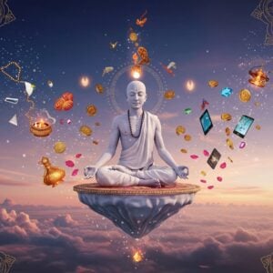 A serene Indian yogi in minimal white cotton dhoti seated in padmasana on a floating lotus platform, surrounded by translucent sacred geometry patterns and golden mandalas. Material possessions like jewels, coins, and modern gadgets are shown drifting away from him, transforming into ethereal butterflies and light particles. The background features a gradient from deep indigo to soft rose gold, with wispy clouds creating depth. Soft orbs of light illuminate the scene, while delicate Madhubani-style patterns in gold line work frame the edges. The yogi's expression is peaceful, with a subtle smile and closed eyes, while a soft golden aura surrounds him. Small details include falling lotus petals, intricate henna-like patterns in the air, and subtle sacred symbols floating in the background. The overall composition balances emptiness and fullness, with the focal point being the enlightened state of the yogi amidst material detachment. Hyperrealistic digital art with traditional Indian art influences.