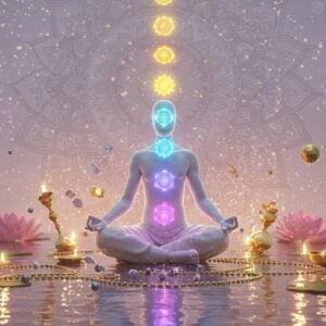 A serene Indian yogi in lotus position floating above a reflective pool, their body rendered semi-transparent showing seven glowing chakras aligned vertically in their traditional colors (red, orange, yellow, green, blue, indigo, violet). Golden chains and material possessions around them are dissolving into sparkles of light. The background features a large, intricate mandala pattern in Madhubani style with delicate geometric patterns. Multiple lotus flowers in various stages of blooming surround the figure, symbolizing spiritual growth. The scene is illuminated by ethereal light sources, creating a dreamy atmosphere with soft pastel hues. Floating sacred geometry patterns and subtle energy lines connect the chakras. The yogi's expression is peaceful, wearing minimal traditional white clothing. Modern digital art style blended with traditional Indian artistic elements, featuring glowing effects and particle systems. The overall composition emphasizes the theme of letting go and spiritual balance.