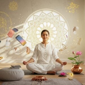 A serene Indian woman in a minimal white cotton kurta sitting cross-legged in padmasana against a backdrop of a decluttered, minimalist modern living space. She radiates inner peace with a subtle golden aura around her. Surrounding her are translucent, ethereal representations of material possessions - smartphones, jewelry, branded clothes - gracefully floating away and dissolving into soft light particles. The room features a large circular mandala window casting intricate shadows, with just a simple meditation cushion and a single lotus flower in a copper vessel. Soft morning light streams through the window, creating a peaceful ambiance. The art style combines contemporary minimalism with traditional Madhubani patterns on the walls. The color palette consists of peaceful whites, soft golds, and gentle pastels. The woman's expression is content and liberated, with her eyes closed in peaceful meditation. Floating geometric patterns in gold sacred geometry subtly frame the scene. Hyperrealistic digital art style with spiritual overtones.