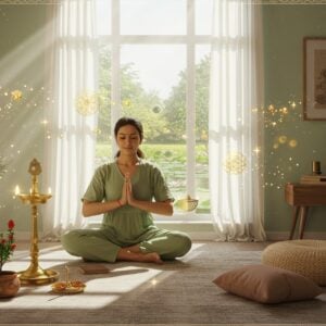 A serene Indian minimalist living space bathed in soft morning light, featuring a young Indian woman in contemporary meditation pose wearing simple cotton clothing in earthy tones. The room shows thoughtful decluttering with only essential items - a single brass diya, a small potted tulsi plant, and a handwoven meditation cushion. Behind her, a large window frames a peaceful garden with a lotus pond. Floating ethereal elements include translucent sacred geometry patterns in gold, suggesting spiritual abundance. The color palette consists of muted pastels - sage green, dusty rose, and warm ivory. Light rays create a dreamy atmosphere, with subtle Madhubani-style border patterns along the edges. The woman's expression radiates contentment and peace, while golden sparkles and soft glowing orbs float around her, symbolizing detachment from material possessions. Hyperrealistic digital art style with surreal elements, emphasizing both traditional Indian aesthetics and modern minimalism.
