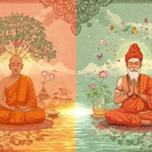 A serene split-screen composition with a harmonious blend of Buddhist and Hindu symbolism, divided by a flowing river of golden light. On the left, a peaceful Buddhist monk in saffron robes sits in lotus position, surrounded by minimal possessions - only a simple bowl and prayer beads. Behind him, the Bodhi tree with delicate leaves in soft emerald green. On the right, a Hindu sadhu with traditional tilak and rudraksha mala, also in meditation, surrounded by simple aesthetic of an ashram setting. Both figures radiate inner peace through gentle auras - orange for the Buddhist monk and blue for the Hindu sadhu. The background features intricate Madhubani-style patterns with mandalas, lotus flowers, and spiritual motifs in muted gold and copper tones. Floating objects like material possessions dissolve into butterflies and light particles, symbolizing detachment. The lighting is ethereal with soft rays filtering through clouds, creating a dreamlike atmosphere. The color palette consists of peaceful pastels - coral pink, sage green, celestial blue with accents of deep maroon and saffron. Rendered in a modern digital art style while maintaining traditional Indian art elements.