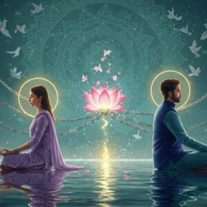 A serene Indian couple in modern attire sitting in lotus position, facing away from each other yet connected by a glowing golden thread of light. The woman wears a contemporary kurta in soft lavender, the man in a modern nehru jacket in deep blue. Between them floats a translucent lotus flower with petals gradually dissolving into butterflies. The background features a large, intricate mandala in Madhubani style with patterns of birds taking flight. Multiple silver chains binding them are shown breaking and transforming into peaceful doves. Soft ambient lighting creates an ethereal atmosphere with hints of turquoise and rose gold. The scene is set in a minimalist space with floating geometric patterns inspired by traditional Indian art. A subtle golden aura surrounds each figure, symbolizing inner peace. The artwork combines photorealistic rendering with spiritual symbolism, emerging water ripples beneath them reflecting moonlight. Traditional rangoli patterns in pastel colors flow through the scene like wind, creating a sense of gentle movement and release.