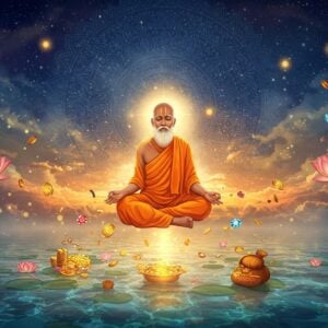 A serene Indian sage in simple saffron robes meditating in padmasana pose, floating above a crystal-clear lotus pond. His hands rest in gyan mudra, surrounded by a soft golden aura. Material possessions like gold coins, jewels, and fine clothes gradually dissolve into ethereal light as they fall away from him. Behind him, a large, intricate mandala in deep blue and gold creates a cosmic backdrop. The scene features floating lotus flowers in various stages of bloom, symbolizing spiritual growth. Warm light rays filter through misty clouds, creating a dreamlike atmosphere. The art style combines traditional Madhubani patterns in the mandala with modern digital rendering techniques. The color palette includes deep indigo, burnished gold, soft orange, and ethereal white. Small glowing orbs of light float around the sage, representing divine consciousness. The overall composition suggests transcendence and spiritual elevation, with a gradient from material elements at the bottom to pure light at the top.