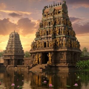 A majestic South Indian Vishnu temple with towering gopuram adorned with intricate Dravidian sculptures in gold and saffron, set against a dramatic dawn sky with soft pink and orange hues. Lord Vishnu stands in the center, depicted in his characteristic pose with four arms holding the Sankha, Chakra, Gada, and Padma, wearing a rich golden crown and traditional temple jewelry. The temple architecture features detailed stone carvings of celestial dancers, mythological scenes, and geometric patterns in the Chola style. In the foreground, a serene temple tank reflects the entire scene, with floating lotus flowers in pink and white. The surrounding landscape includes banana and coconut groves typical of Tamil Nadu. Ethereal rays of golden light pierce through clouds, illuminating the temple structure. The scene incorporates elements of both photorealistic architectural photography and mystical digital art, with a deep focus on ornate details and cultural authenticity. The color palette emphasizes deep maroons, rich golds, and weathered stone textures with a magical, spiritual atmosphere enhanced by subtle particle effects and ambient lighting.