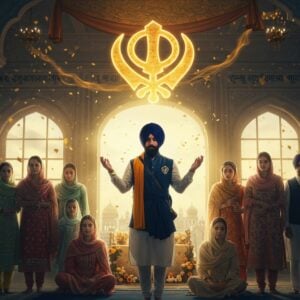 A serene Sikh family in a modern, minimalist Gurudwara interior, illuminated by golden rays streaming through large contemporary windows. The focal point shows a young Sikh man with a well-maintained black beard and royal blue turban performing Ardās, standing with raised hands in traditional prayer position. Behind him, his family members - including women in elegant contemporary salwar suits and men in modern kurtas - stand respectfully with heads covered. The scene is enhanced by intricate Punjabi architectural details merging with modern design elements, featuring geometric patterns in gold and white. Floating golden particles and soft light create an ethereal atmosphere. A large Khanda symbol subtly glows in the background, created from flowing light streams. The color palette focuses on deep blues, whites, and warm golds. The art style combines photorealistic rendering with subtle spiritual elements, creating a harmonious blend of tradition and contemporary aesthetics. The lighting is soft and diffused, with emphasis on the golden hour glow. Hyperrealistic details in the fabrics and faces, 8k quality, cinematic composition.