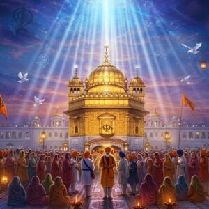 A majestic golden Gurudwara dome gleaming in twilight, with intricate Punjabi architectural details and ornate kalash patterns. In the foreground, a diverse group of Sikh devotees standing in prayer formation, their hands folded in reverence, heads covered with respectful turbans and dupattas in vibrant saffron and white. The scene captures the exact moment when streams of divine light descend from a mystical blue-purple sky, creating halos around the praying congregation. Floating ethereal patterns of khanda symbols and geometric designs inspired by Guru Granth Sahib's illustrations swirl in the background. The Nishan Sahib (Sikh flag) waves gracefully in the wind, its saffron color radiating warmth. Soft, glowing diyas and lanterns illuminate the scene, creating a serene atmosphere. The art style combines hyperrealistic digital painting with traditional Indian motifs, featuring a color palette of deep blues, royal purples, saffron, and gold. Lotus flowers and peaceful doves frame the composition, while subtle rays of light create a divine atmosphere.