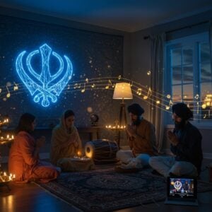 A serene evening scene showing a modern Indian family in contemporary clothes performing Ardas in their living room, with streaming devices and smartphones displaying Sikh musical performances in the background. The room is illuminated by soft golden light from traditional brass lamps mixed with blue light from digital screens. A large intricate digital art projection on the wall shows the Khanda symbol rendered in glowing, ethereal lines. The space seamlessly blends traditional elements like a decorative prayer mat and modern tech gadgets. The family members' expressions are peaceful and focused, their hands joined in prayer. Floating musical notes in metallic gold intertwine with digital wireframe patterns in the air. The art style combines Pattachitra's detailed patterns in the background tapestries with sleek, modern digital aesthetics. The color palette features deep navy blues, burnished golds, and warm amber tones. Soft bokeh effects and particle systems create a mystical atmosphere, while maintaining photorealistic details in the human figures and room interior. The overall composition suggests the harmonious coexistence of tradition and technology.