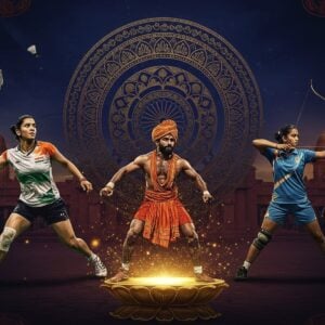 A dynamic scene with three Indian athletes in triumphant poses, showcasing different sports - a female badminton player mid-smash wearing national colors, a male wrestler in traditional akhada attire executing a perfect move, and a female archer drawing a golden bow. They are surrounded by a large, intricate mandala pattern in deep blue and gold that forms an award medallion behind them. The athletes are bathed in dramatic spotlighting with golden particles floating around them. The background features subtle architectural elements from the Rashtrapati Bhavan in soft focus. Traditional Madhubani-style peacock motifs frame the corners, rendered in metallic bronze and deep maroon. A stylized lotus pedestal beneath the athletes glows with ethereal light. The scene combines hyperrealistic athlete portraits with surreal Indian artistic elements, creating a sense of modern achievement and traditional honor. The lighting is dramatic with rim lights highlighting the athletes' determined expressions and muscular forms. The color palette focuses on deep blues, golds, and the Indian tricolor subtly woven throughout the composition. --ar 16:9 --v 5.2