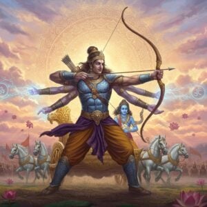 A dynamic scene of Arjuna in a powerful archer's stance, his muscular form adorned in royal blue and gold armor with intricate Madhubani patterns. He draws the divine Gandiva bow with perfect form, multiple spectral arrows glowing with divine energy ready to be released. Behind him, a massive ethereal golden mandala forms a halo, incorporating traditional Indian patterns and peacock feathers. Krishna stands beside him as his divine charioteer, emanating a soft blue aura. The white horses of his celestial chariot rear dramatically in the foreground. The background features a surreal battlefield at dawn with swirling clouds in pastel pinks and purples. Floating lotus flowers and spiritual symbols frame the scene. The lighting is dramatic with divine rays breaking through clouds, highlighting Arjuna's determined expression and his third eye marking. The art style blends hyperrealistic digital art with traditional Indian artistic elements, creating a cinematic feel. Multiple translucent arms in motion show Arjuna's legendary speed with the bow, each hand position precise and deliberate.