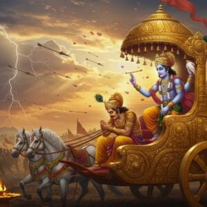 A dramatic scene on the Kurukshetra battlefield at dawn, showing Arjuna in ornate golden armor and royal crown, sitting conflicted in his massive chariot decorated with divine symbols and bells. Lord Krishna as the divine charioteer, with four arms, holding the reins, conch shell, and lotus, radiating a supernatural blue aura and wearing a peacock feather crown. The chariot is positioned between two massive armies in the background, their silhouettes visible through a mystical morning mist. Celestial light beams pierce through storm clouds, creating divine spotlights. Flying arrows frozen in mid-air, transformed into streams of golden light. Traditional Madhubani-style patterns and motifs adorn the chariot's details and armor. The scene combines hyperrealistic rendering with ethereal elements, including floating lotus petals and glowing mandalas in the sky. Rich colors of saffron, deep blue, and gold dominate, with subtle pastels in the sky. The lighting is dramatic with rim lighting highlighting the divine nature of Krishna and the emotional turmoil of Arjuna. The overall composition should convey both the epic scale of war and the intimate spiritual moment between guru and disciple.
