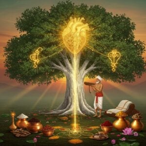 A majestic ancient Indian healing scene featuring the Arjuna tree (Terminalia arjuna) as the central focus, its white bark gleaming with an ethereal golden aura. The tree stands tall against a sunrise backdrop with intricate Madhubani-style patterns in the sky. An elderly Ayurvedic vaidya in traditional white dhoti and angavastram tends to the tree, carefully collecting its sacred bark. Around the tree's base, beautifully arranged copper vessels contain prepared Arjuna remedies, emitting a subtle spiritual glow. Decorative mandala patterns made of fresh herbs and flowers surround the scene. A stylized anatomical heart rendered in gold sacred geometry floats above, connected to the tree by streams of luminous energy. The scene is enhanced with morning mist, dew drops, and delicate lotus flowers in soft pastel pinks. The lighting is warm and mystical, with rays of sunlight filtering through the tree's canopy. Art style combines traditional Ayurvedic manuscript illustrations with modern digital fantasy art, featuring rich maroons, deep greens, and metallic gold accents. The overall composition suggests ancient wisdom meeting modern healing.
