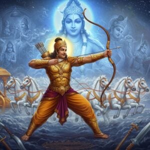 A majestic scene featuring Arjuna in dynamic warrior pose, wearing traditional golden armor with intricate Madhubani patterns, drawing the divine Gandiva bow with perfect form. His four white horses of his celestial chariot leap through cosmic clouds. Behind him, a massive ethereal form of Krishna emanates divine blue light, creating a surreal backdrop. Multiple translucent scenes overlap showing Arjuna's various aspects - a scene of him as Brihannala teaching dance, winning Draupadi's swayamvara, and receiving celestial weapons from Lord Shiva. The composition uses a rich color palette of deep blues, celestial golds, and royal purples. Modern special effects like light rays and particle effects blend seamlessly with traditional Indian art motifs. Arjuna's face shows determination and divine focus, with detailed facial features of a young Indian warrior. The foreground features intricately detailed weapons and ornaments with classical Sanskrit-inspired patterns. Art style combines hyperrealistic digital painting with traditional Indian miniature painting elements, creating a sophisticated contemporary mythological aesthetic.