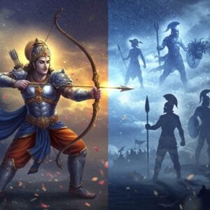 A dynamic split-screen composition showing Arjuna on the left in full battle stance, wielding the divine Gandiva bow with a golden arrow ready to fire, adorned in royal blue and gold armor with celestial designs. His face shows intense concentration, third eye visible on forehead. On the right side, showing ethereal silhouettes of legendary warriors: Karna with his golden kavach-kundal glowing, Perseus holding Medusa's head, Achilles in Greek armor, and Gilgamesh with his golden armor. The background features a massive intricate mandala pattern in deep indigo and gold, with subtle Madhubani art patterns. Swirling energy and divine light particles connect both sides. Krishna's divine chariot wheels appear as floating symbols. The scene is illuminated by dramatic celestial lighting, creating god rays through clouds. The art style combines hyperrealistic digital rendering with traditional Indian art motifs, using a color palette of deep blues, burnished gold, royal purples, and celestial white. Floating lotus petals and divine weapons appear as subtle background elements. The overall composition suggests both conflict and harmony, power and wisdom.