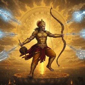 A majestic portrait of Arjuna in dynamic warrior pose, wearing intricate golden armor with peacock feather crown, wielding the divine Gandiva bow in his right hand with a celestial arrow ready to be released. His left hand holds the divine quiver Akshayapatra. Around him float five ethereal, glowing weapons in a mandala pattern: the Brahmastra (depicted as a blazing golden spear), Pashupatastra (shown as a blue-white trident with cosmic energy), Varunastra (visualized as a swirling water serpent), Agneyastra (manifested as a phoenix-like flame), and Vayuvyastra (appearing as spiral wind currents). The background features a massive intricate Madhubani-style sun disk with Sanskrit symbols. Arjuna stands on a lotus platform with mystical energy streams in gold and electric blue. The scene is illuminated by divine light in warm gold and cool blue tones. Art style merges hyperrealistic digital rendering with traditional Indian Pattachitra patterns. The atmosphere is charged with divine energy, showing swirling particle effects and glowing mandalas. Arjuna's face shows determined expression with photorealistic details, maintaining Indian features.