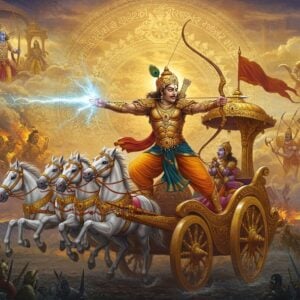 A dynamic scene depicting warrior Arjuna in a celestial battlefield, positioned in his signature archer stance on his golden chariot driven by Lord Krishna. Arjuna wears traditional armor with intricate Madhubani-style patterns, adorned with celestial gems and royal ornaments. His Gandiva bow is drawn with a divine arrow emanating bluish energy. The chariot is surrounded by multiple ethereal scenes showing his famous battles - the burning of Khandava forest with streams of arrows raining fire, his duel with Lord Shiva disguised as a tribal hunter, and his battle with Karna with divine astras lighting up the sky. The background features a massive golden mandala with Sanskrit symbols, while spectral images of his victories float in a dreamy, surreal manner. The color palette combines deep royal blues, burnished golds, and fierce oranges, with soft glowing highlights. The scene includes his white horses with flowing manes, detailed in Pattachitra style. Modern digital effects show energy trails from his arrows and a subtle display of his celestial weapons floating around him. The overall composition maintains a balance between traditional Indian art elements and contemporary fantasy art aesthetics.