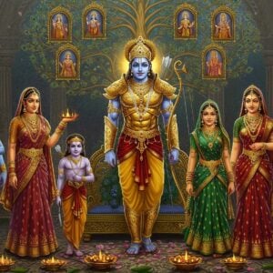 A magnificent royal court scene featuring Arjuna in the center, wearing golden armor adorned with intricate peacock feathers and celestial patterns. He stands tall, holding the Gandiva bow in his right hand, with his wives Subhadra, Draupadi, Ulupi, and Chitrangada arranged around him in ornate silk sarees of deep blue, crimson, emerald, and gold respectively. Above them floats a ethereal family tree with glowing golden branches, each branch adorned with miniature portraits in Madhubani style showing Krishna, Pandu, Kunti, and Indra. His sons - Abhimanyu, Babruvahana, Iravan, and Srutakarma stand in warrior poses below, wearing royal attire with celestial weapons. The background features a massive mandala in shades of royal blue and gold, with floating lotus flowers and peacock feathers. Soft divine light illuminates the scene from above, casting a warm glow on the figures. The art style combines traditional Indian Pattachitra patterns with modern digital fantasy art techniques, emphasizing rich jewel tones and intricate details. The scene should be majestic yet intimate, showcasing both Arjuna's warrior prowess and his role as a family man.