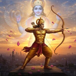 A majestic portrait of Arjuna in dynamic warrior pose, wearing a shimmering golden armor with intricate Madhubani patterns, drawing the celestial Gandiva bow with perfect form. His muscular frame stands atop a modern city skyline at sunset, while behind him appears a translucent, ethereal form of Krishna as his guide. The scene features floating lotus petals and glowing mandalas in soft pastel blues and golds. Arjuna's face shows deep concentration and divine determination, with traditional Indian features and a royal crown. The background blends ancient Kurukshetra battlefield elements with contemporary urban landscape through surreal, dreamy aesthetics. Swirling energy patterns in peacock blue and saffron connect the ancient and modern elements. The lighting is dramatic with divine rays emerging from Krishna's form, casting a warm golden glow on Arjuna. The overall composition maintains photorealistic details while incorporating spiritual symbolism through subtle Pattachitra-style decorative elements.