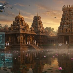 A majestic ancient South Indian temple complex at sunrise, featuring intricate Dravidian architecture with elevated gopurams adorned with detailed sculptures in gold and saffron. The main sanctum radiates divine light in warm golden hues. The foreground shows a serene water reflection pool with floating lotus flowers in pink and white. Modern holographic information displays seamlessly blend with traditional architecture, showing astronomical alignments. Devotees in traditional attire circumambulate the temple, while subtle light beams pierce through morning mist. The scene includes detailed stone carvings of the presiding deity Lord Purushottaman with Sri Devi and Bhu Devi. Flying drones with traditional temple bells capture aerial devotional songs. The color palette combines deep maroons, gold leaf highlights, and peacock blues. Madhubani-style patterns decorate the temple walls, while modern LED deepams create a mystical ambiance. The entire scene is rendered in a photorealistic style with elements of magical realism, emphasizing both heritage and futuristic elements.