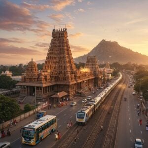 A magnificent aerial view of the ancient Arunachalesvara Temple complex at dawn, with its towering gopurams adorned with intricate Dravidian architecture in rich gold and saffron hues. The sacred Annamalaiyar Hill glows with a mystical aura in the background. Modern highways and railway tracks converge towards the temple like golden ribbons, while stylized traditional Indian motifs of lotus flowers and mandalas frame the scene. In the foreground, a modern electric bus with traditional temple artwork, a sleek train, and a few cars approach the temple. The sky features soft pastel clouds with hints of dawn colors - pink, orange, and purple. Small groups of pilgrims in traditional attire walk along the well-lit paths. The scene combines photorealistic architectural details with ethereal lighting and magical elements, creating a surreal yet modern atmosphere. The overall composition emphasizes both the temple's spiritual significance and its accessibility, rendered in a style merging traditional Madhubani patterns with contemporary digital art techniques. Lighting is dramatic with golden hour warmth and subtle divine glow emanating from the temple spires.