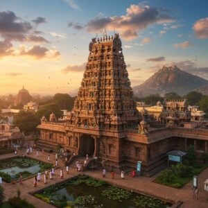 A majestic aerial view of the Arunachalesvara Temple complex at sunset, with the iconic 217-foot-tall Eastern Raja Gopuram in rich gold and terracotta colors dominating the center. The sacred Annamalaiyar Hill glows with a divine aura in the background. Modern luxury hotels and guest houses with traditional South Indian architecture blend seamlessly around the temple complex. The foreground shows a peaceful scene of pilgrims in contemporary clothing walking through well-maintained gardens with lotus ponds. Soft, ethereal lighting bathes the scene, creating a mystical atmosphere with subtle touches of golden hour sunlight reflecting off the temple's ancient stones. Small details include prayer flags fluttering in the breeze, comfortable rest areas under banyan trees, and modern amenities like information kiosks integrated tastefully into the traditional setting. Art style combines hyperrealistic architectural details with dreamy, spiritual undertones, using a warm color palette of deep oranges, burgundy, gold, and peaceful blue twilight sky. Multiple layers of clouds add depth, with some catching the last rays of the setting sun.