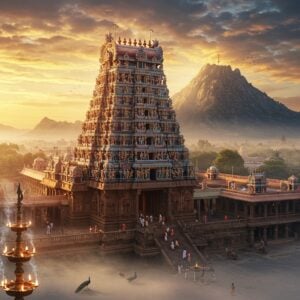 A magnificent aerial view of Arunachalesvara Temple at dawn, with the sacred Annamalai hill glowing in divine golden light behind it. The massive 217-feet tall Eastern gopuram dominates the composition, intricately detailed with traditional Dravidian architecture and adorned with countless colorful sculptures of deities. Soft morning mist swirls around the base of the temple, with devotees in traditional attire ascending the temple steps. The foreground shows the temple's massive courtyard with its thousand-pillared mandapa, where rays of sunlight create dramatic shadows. The scene features a ethereal blend of deep maroons, saffron, and gold colors, with spiritual symbols like lotus flowers and mandalas floating subtly in the misty atmosphere. The lighting is mystical with divine rays breaking through clouds, highlighting the temple's ancient stone work. The art style combines hyperrealistic architectural details with a surreal, spiritually-enhanced atmosphere, creating a sense of timeless divinity. Small oil lamps and incense smoke add layers of atmospheric depth, while peacocks roam the temple grounds adding spots of iridescent blue to the composition.